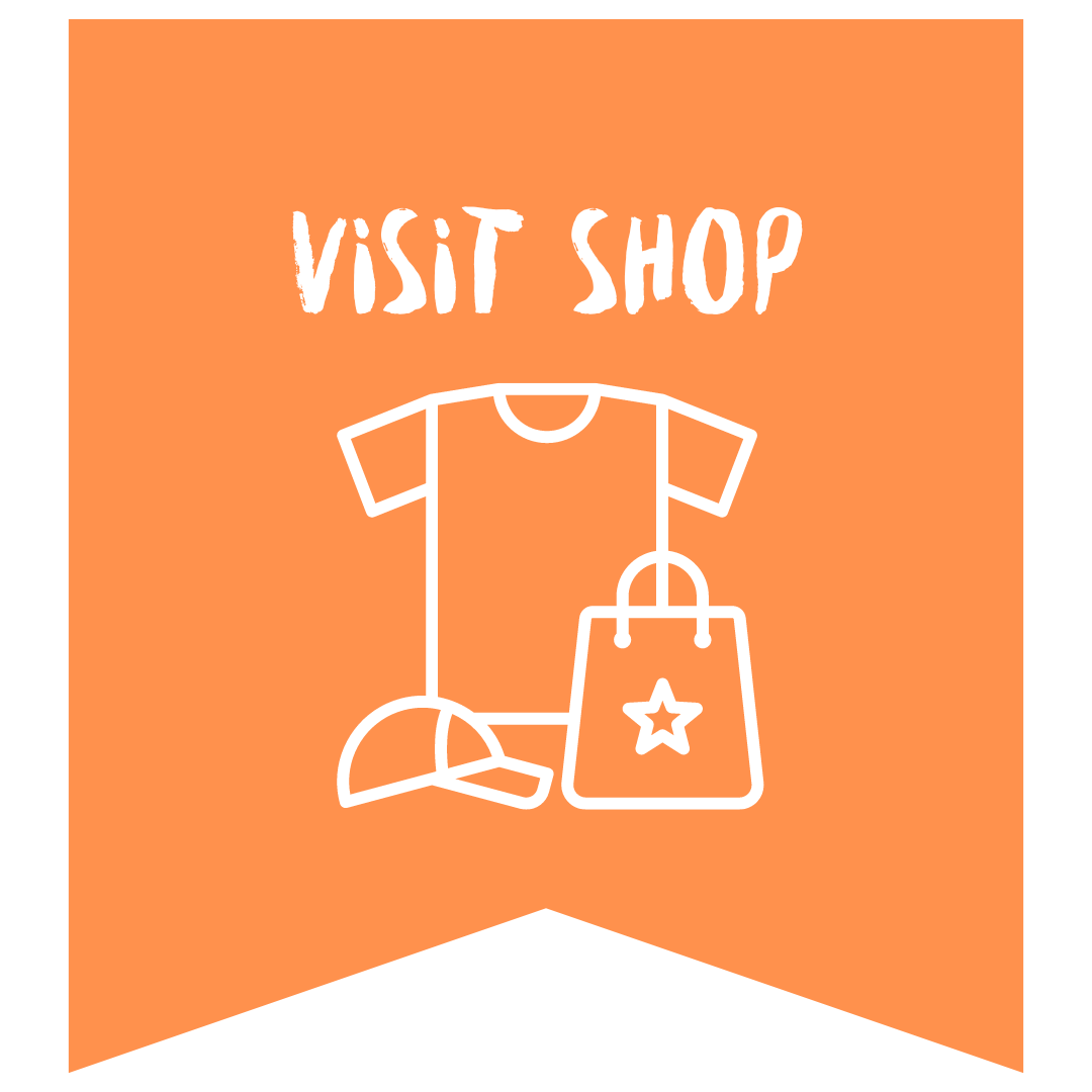 Orange banner that reads visit shop with an illustration of a t-shirt, cap and bag