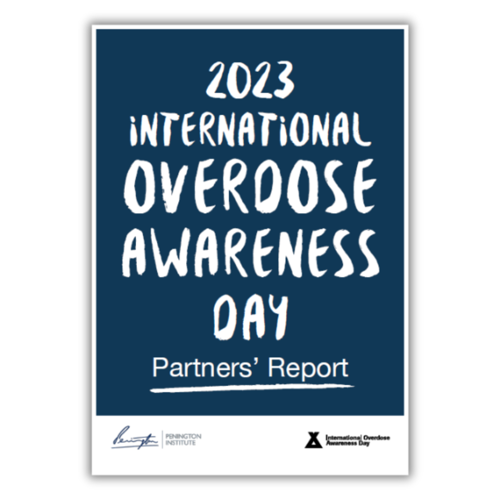 Navy blue icon that says '2023 International Overdose Awareness Day Partners' Report'
