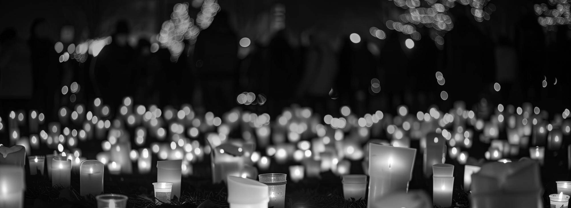 Black and white photo of memorial candles burning in a field