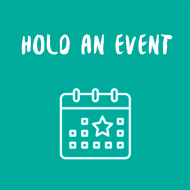Teal icon that says 'hold an event' with white cartoon calendar